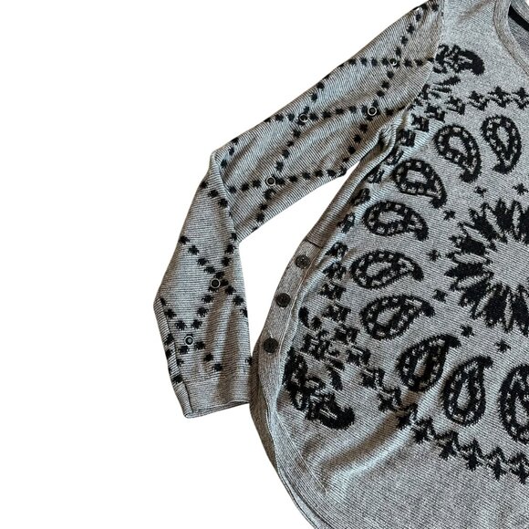 Desigual Grey Pullover Sweater Bohemian Print Stud Stretch Wool Blend Sz Medium - Picture 3 of 12